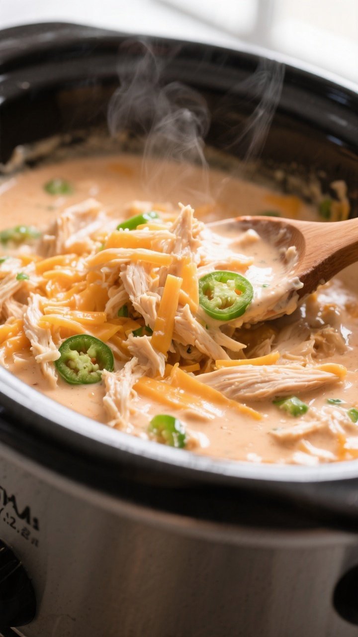 Close-up detail: Shredded jalapeño cheddar chicken in the crockpot right after mixing, showing silk