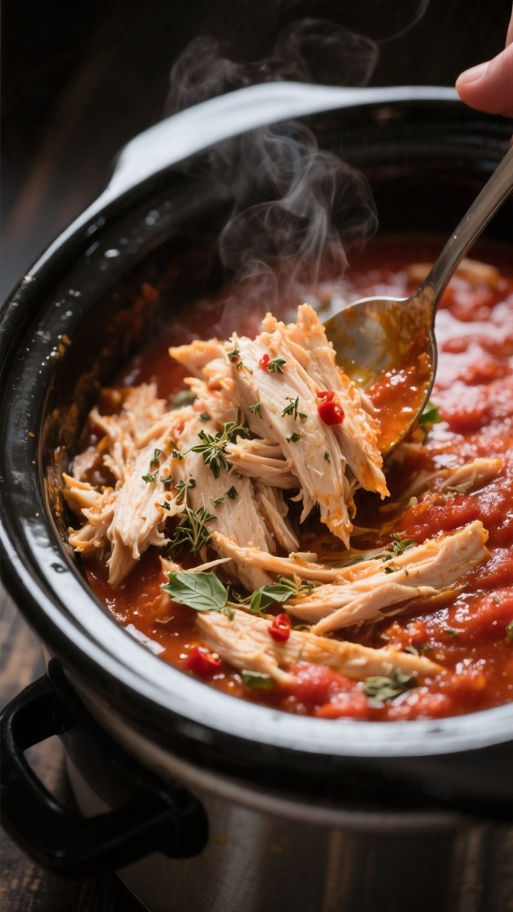 Close-up detail: Shredded slow-cooked chicken being folded back into a glossy, garlicky no-sugar-add