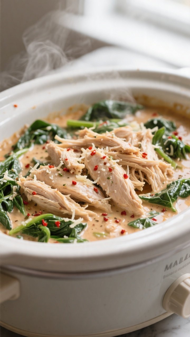 Close-up detail: Shredded slow-cooked chicken smothered in a glossy, creamy Italian sauce inside a c