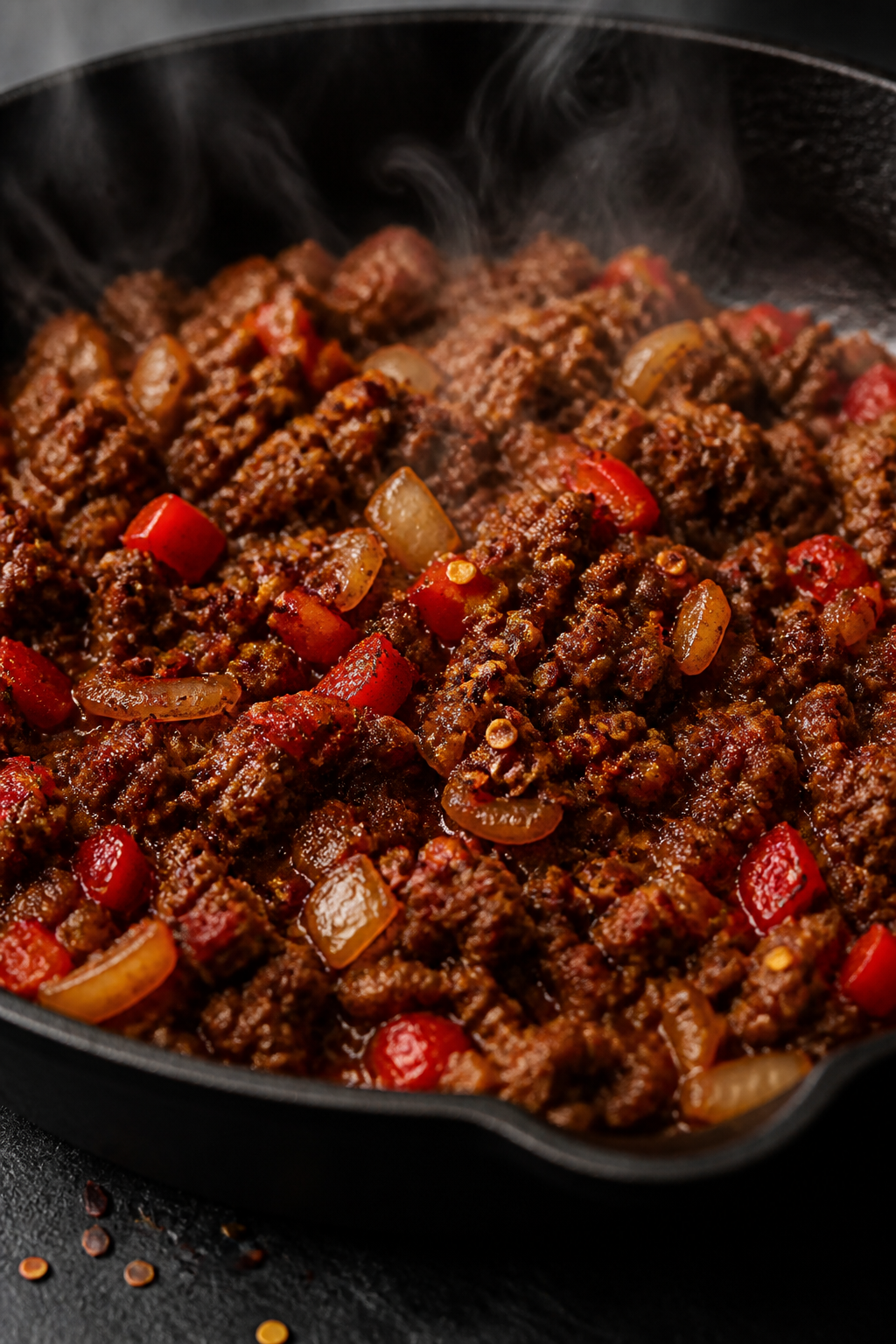 Close-up detail: Sizzling browned ground beef and sautéed onions and red bell peppers in a heavy ca