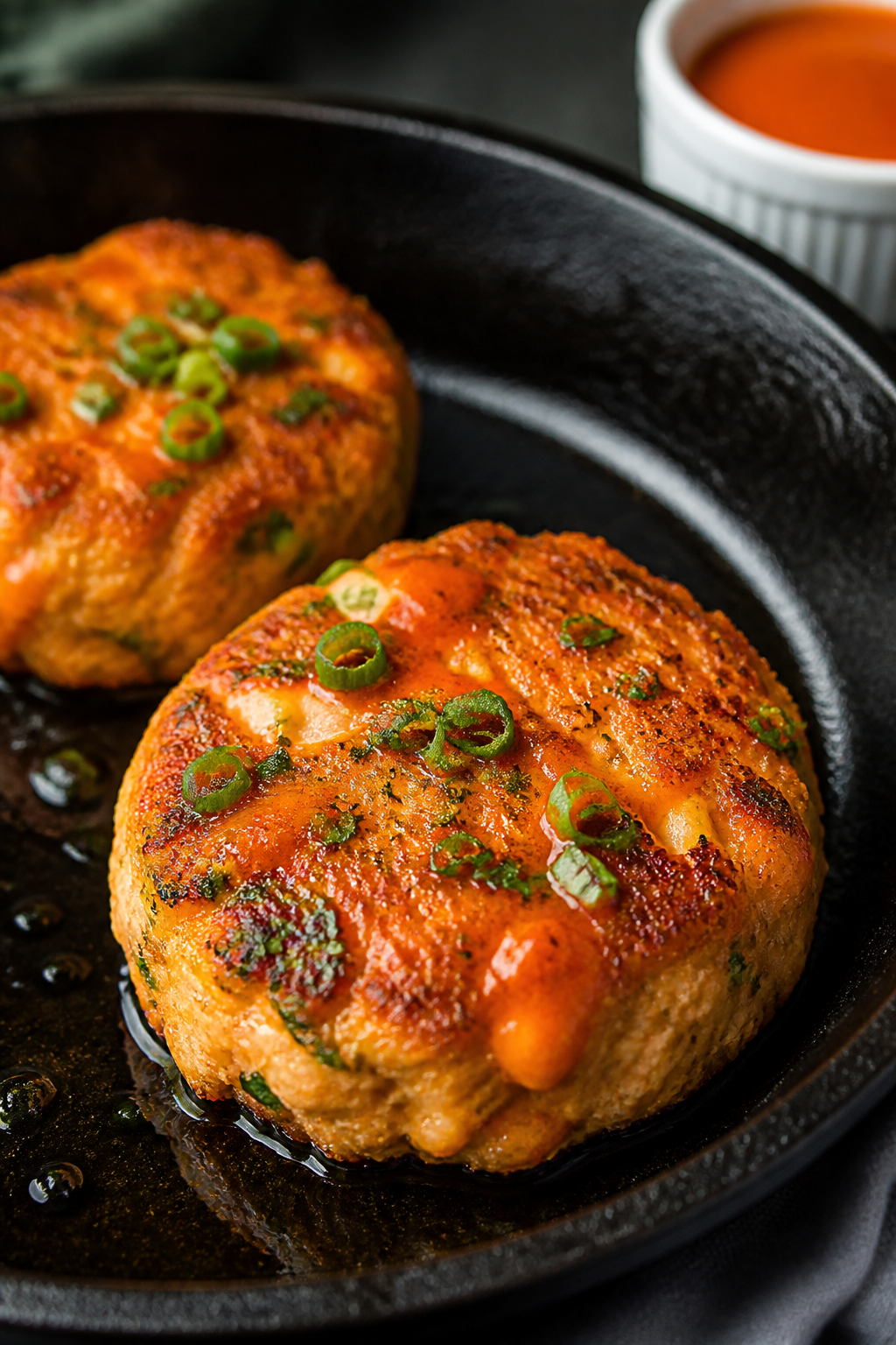 Close-up detail: Sizzling buffalo keto salmon cakes frying in a cast-iron skillet, golden-crisp crus