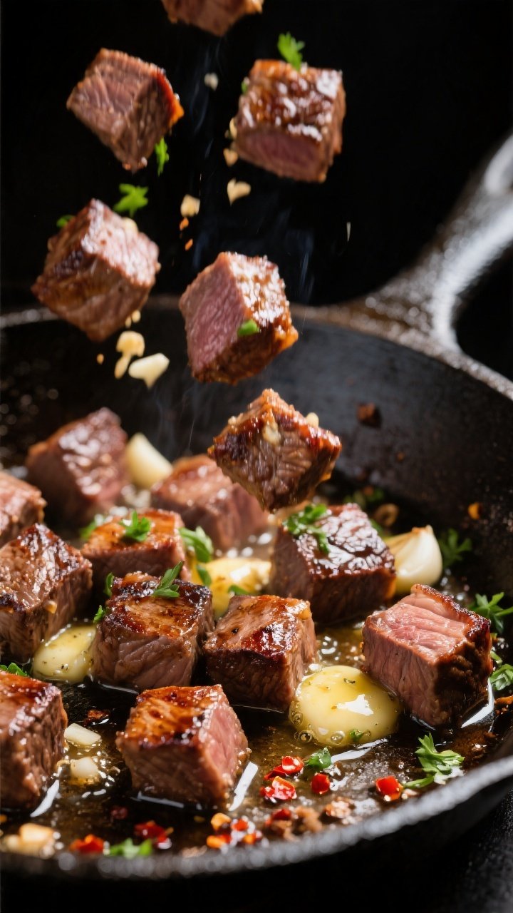 Close-up detail: Sizzling garlic butter steak bites in a cast-iron skillet mid-toss, caramelized cru