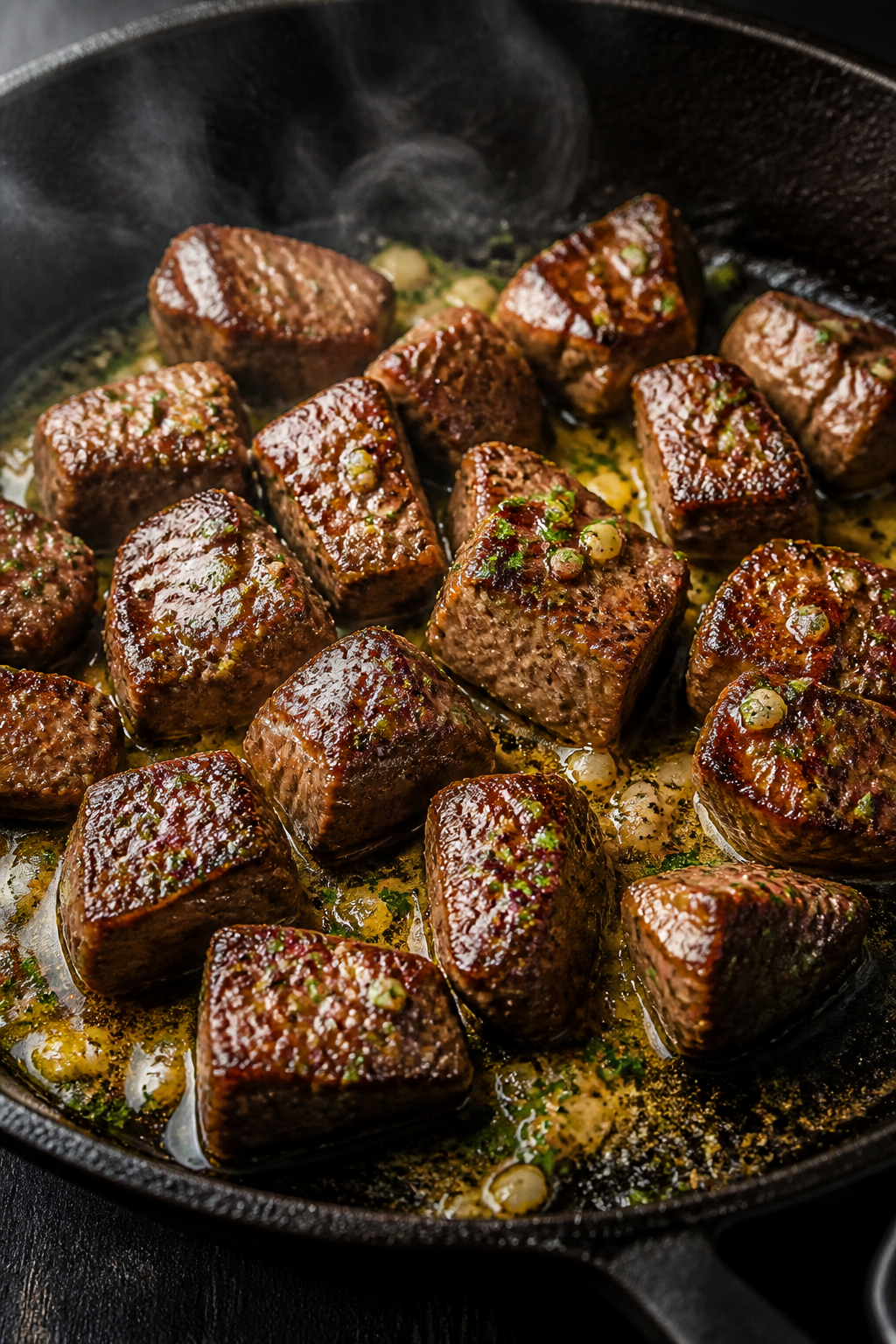 Close-up detail: Sizzling garlic butter steak bites searing in a black cast-iron skillet, browned cr