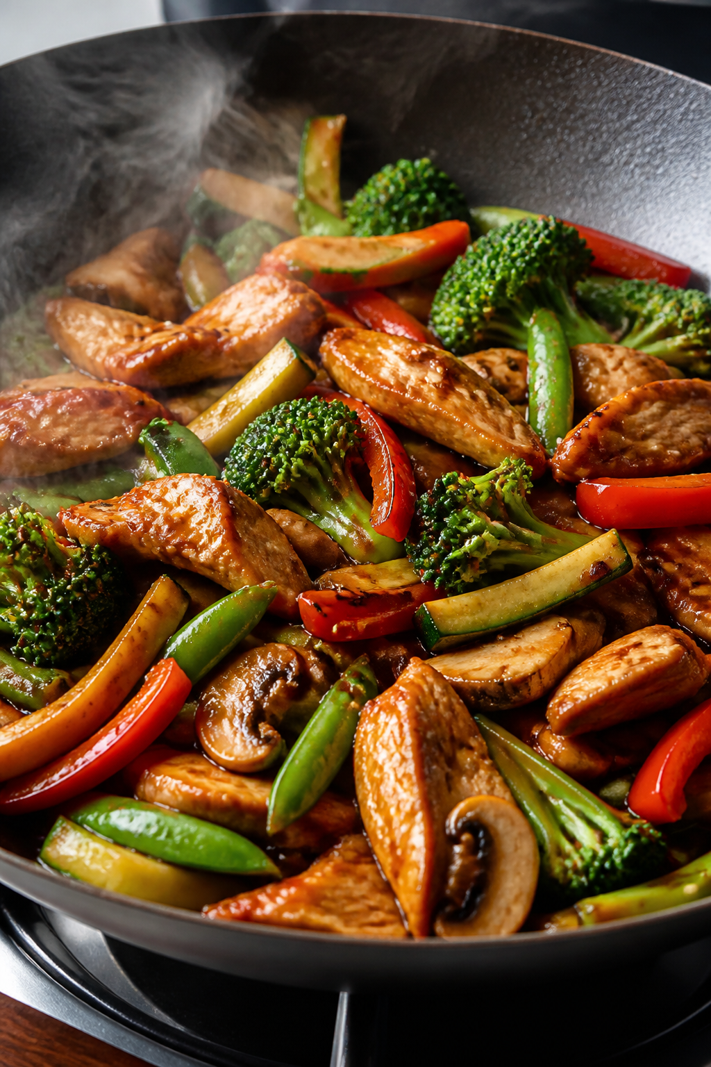 Close-up detail: Sizzling keto chicken stir fry in a wok mid-cook, showing golden-browned thin chick