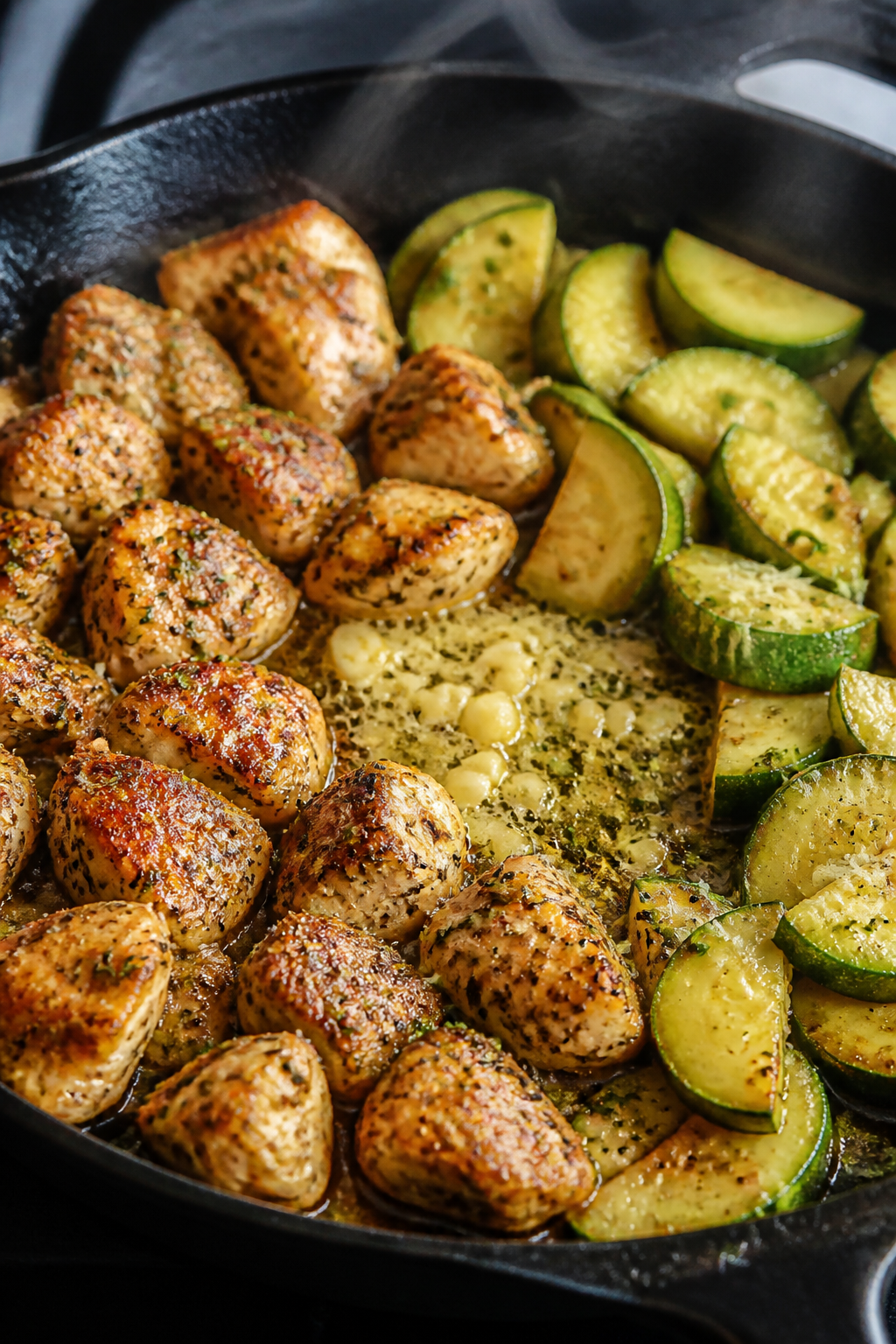 Close-up detail: Sizzling keto garlic Parmesan chicken and zucchini in a cast-iron skillet mid-cook,