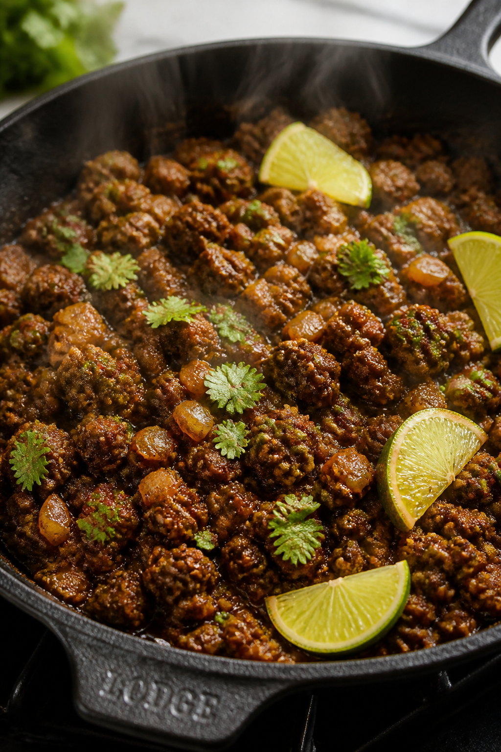 Close-up detail: Sizzling keto taco meat in a cast-iron skillet right after deglazing, glossy sauce 