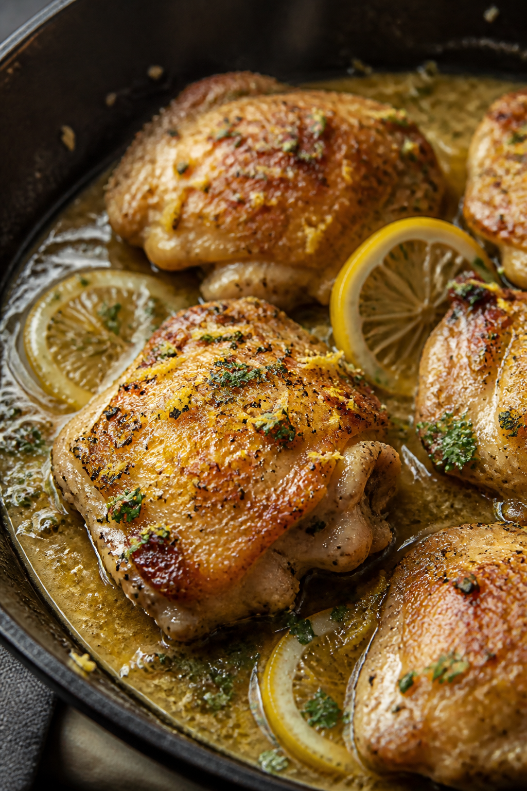 Close-up detail: Sizzling lemon pepper chicken thighs in a cast-iron skillet during the pan-sauce st