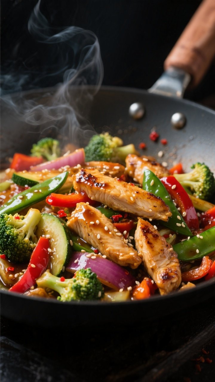 Close-up detail: Sizzling low-carb chicken stir fry in a wok at high heat, golden seared chicken str