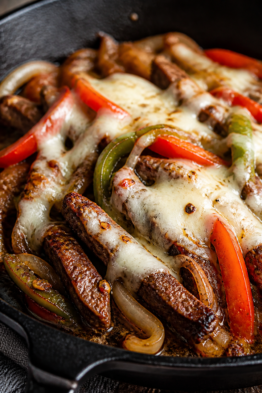 Close-up detail: Sizzling seared steak strips in a cast-iron skillet with caramelized bell peppers a