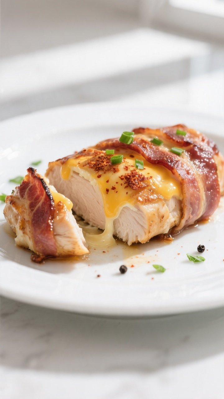 Close-up detail: Sliced bacon-wrapped cheesy chicken breast just after resting, showing ultra-crisp,