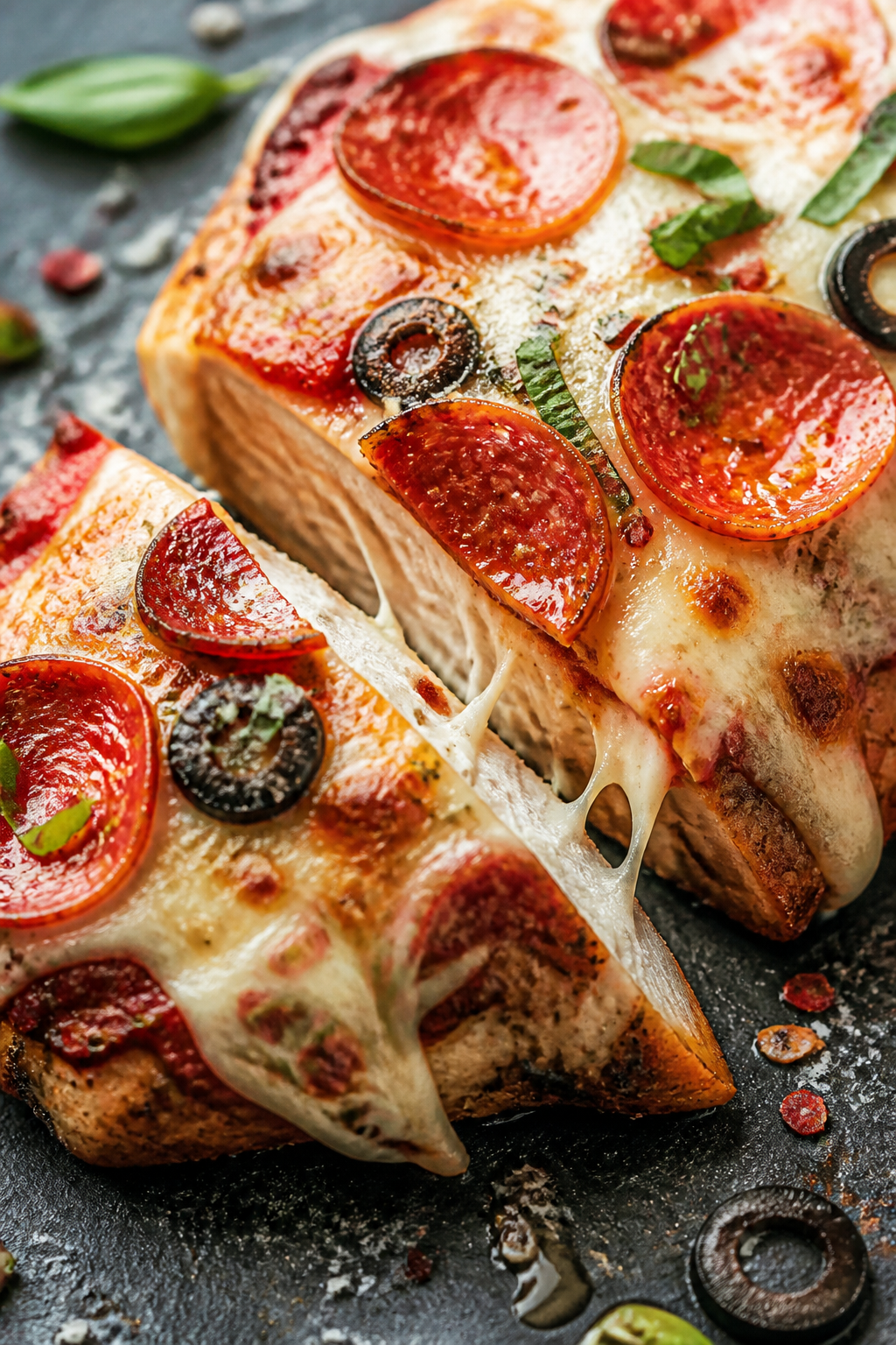 Close-up detail: Sliced, baked keto pizza chicken breast just out of the oven, showing glistening me