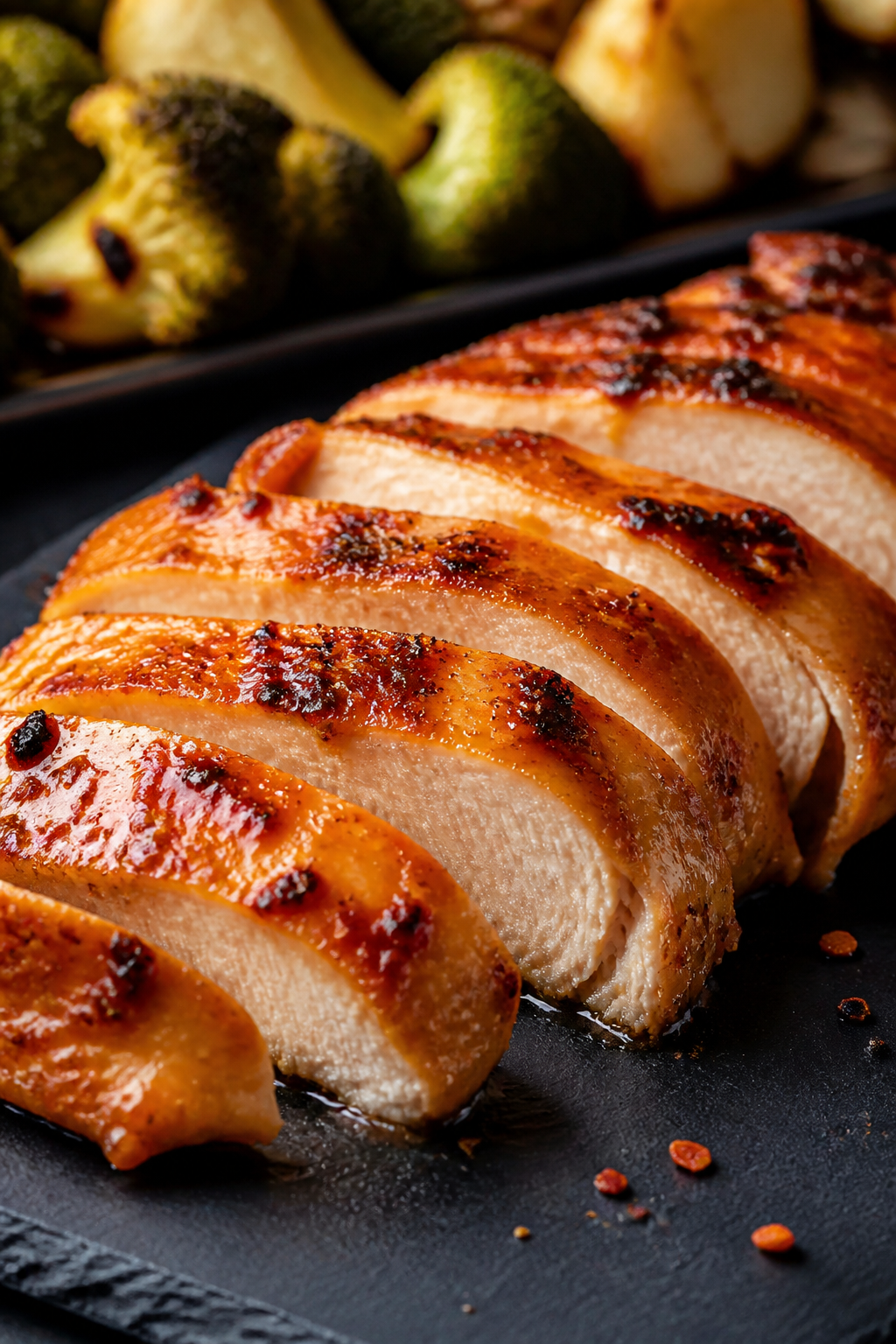 Close-up detail: Sliced buffalo chicken breast just after resting, glistening with a glossy Frank’