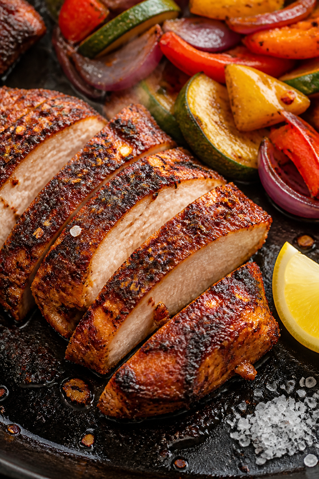 Close-up detail: Sliced Cajun-seasoned chicken thighs just after searing, showing a smoky, peppery c