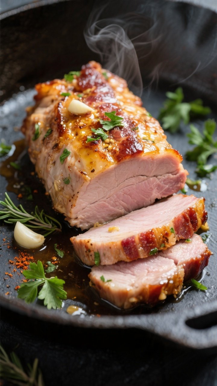 Close-up detail: Sliced keto crockpot garlic bacon pork loin showing juicy, slightly blush 1/2-inch 
