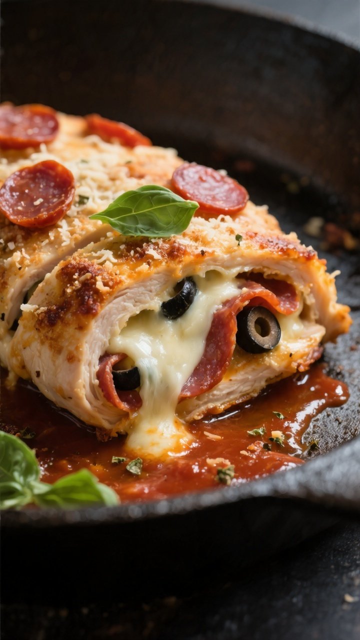 Close-up detail: Sliced keto pizza stuffed chicken breast just out of the oven, showing gooey melted