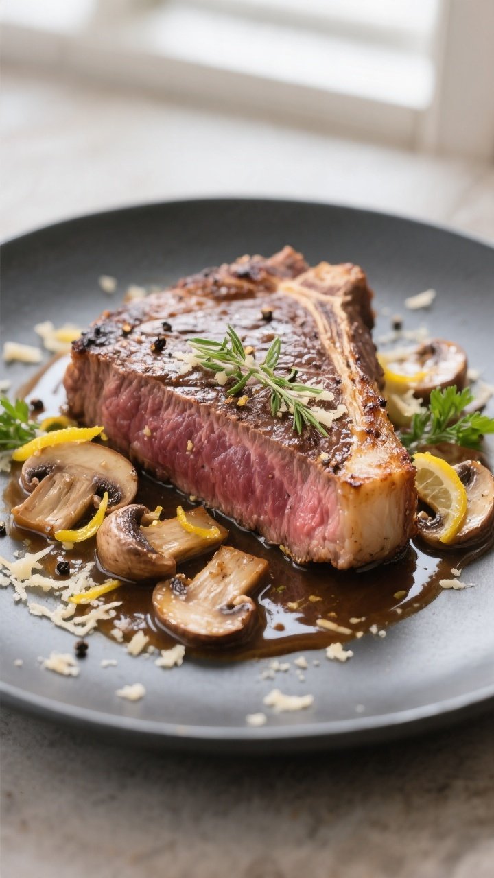 Close-up detail: Sliced medium-rare ribeye with crispy seared edges, glistening in a silky garlic-Pa