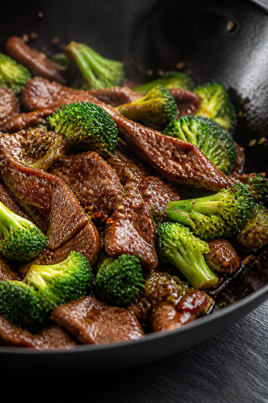 Close-up detail: Sliced seared beef and glossy keto sauce in a wok, tossed with bright green, crisp-