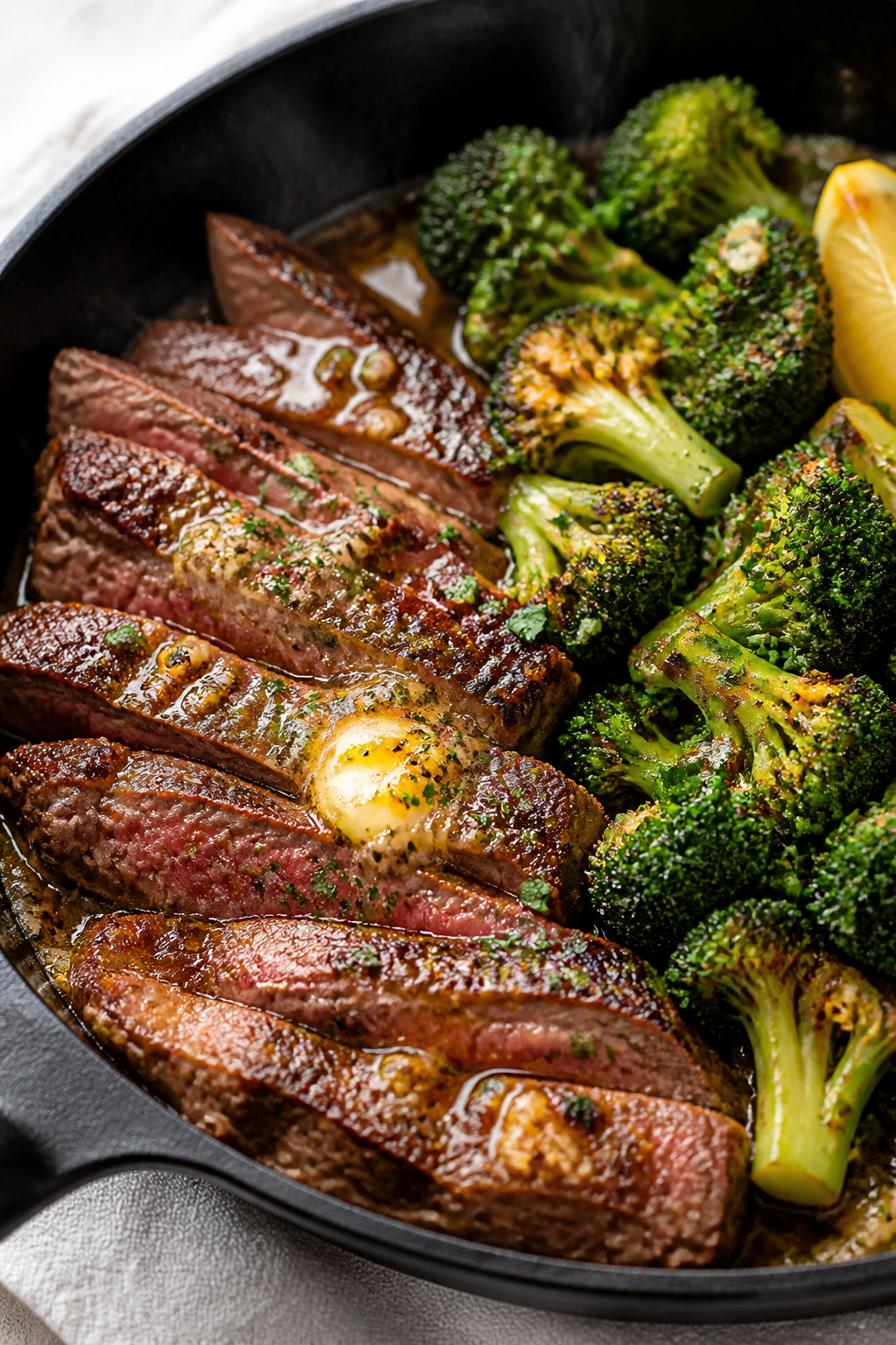 Close-up detail: Sliced seared sirloin steak tossed back into the skillet with glossy garlic butter,