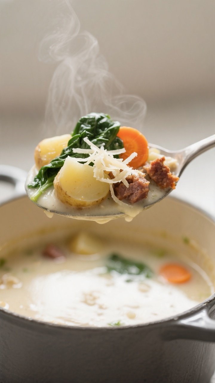 Close-up detail — Spoonful lift above the pot showcasing texture: a heaping spoon with creamy brot