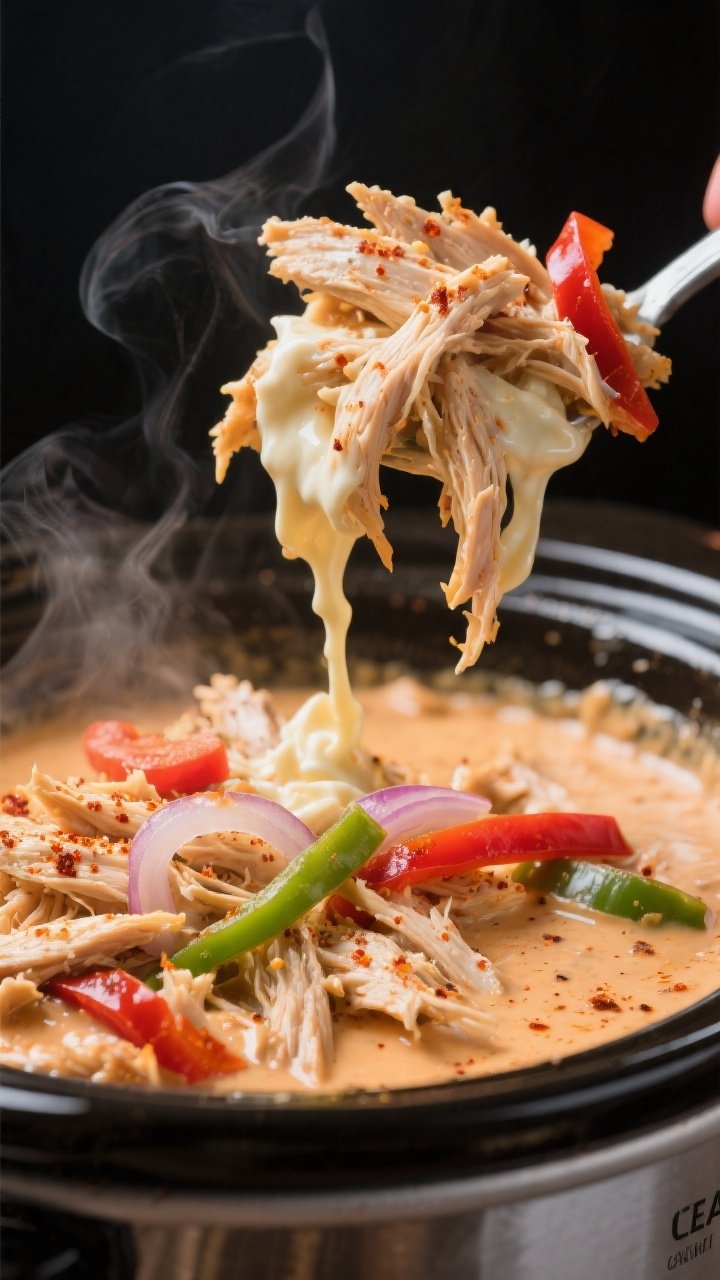Close-up detail: Tender shredded Cajun chicken being folded back into a silky, simmering cream sauce