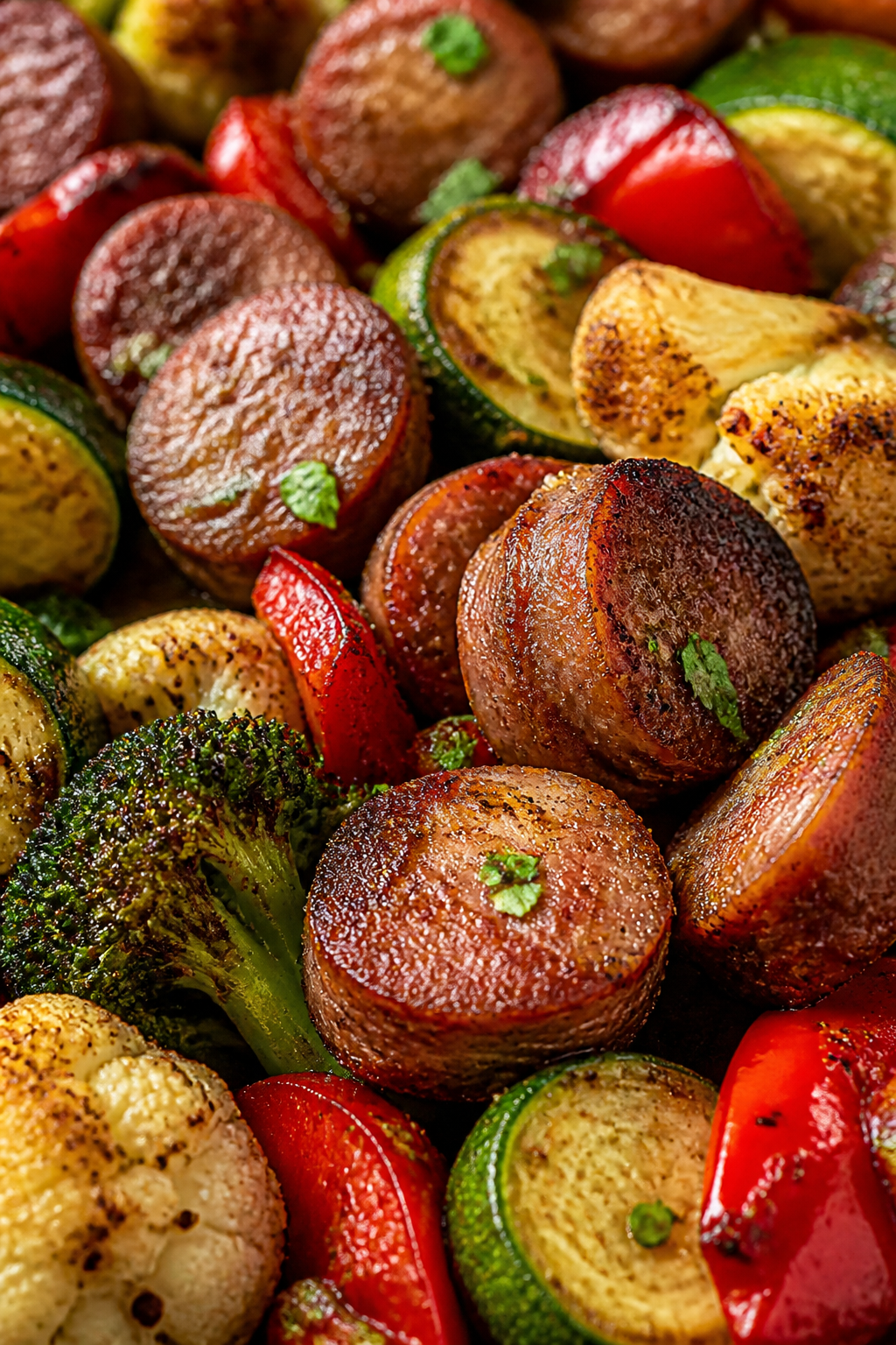Close-up detail: Tight macro of browned sausage rounds with blistered, mahogany edges resting on cri