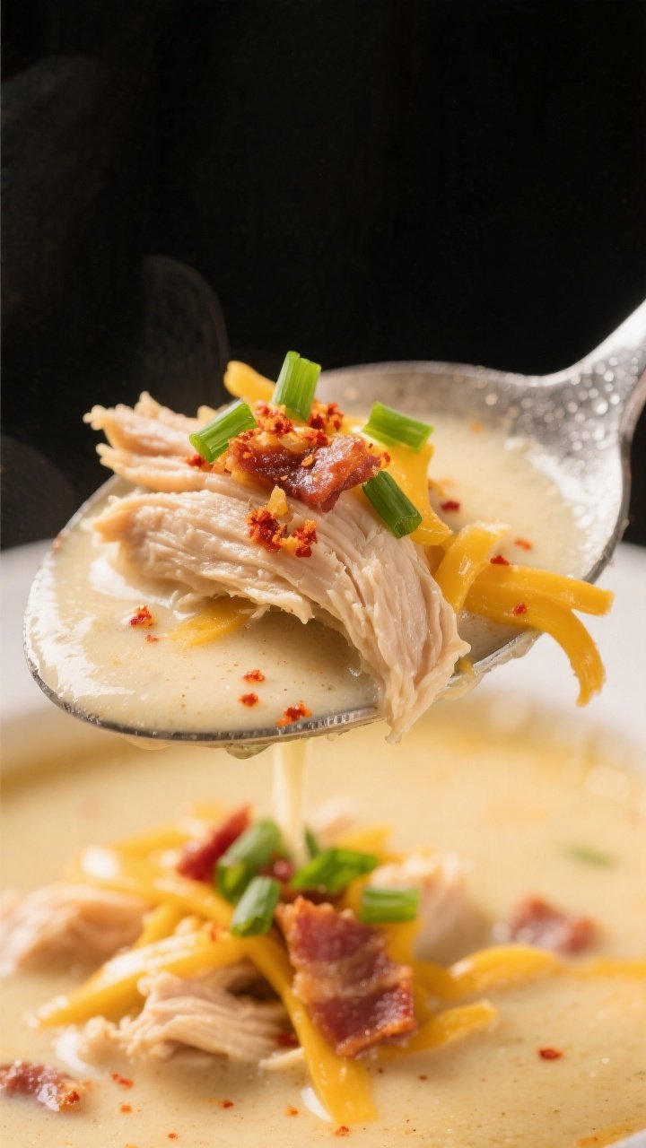 Close-up detail: Ultra-close shot of a ladle lifting the finished soup—tender shreds of chicken co