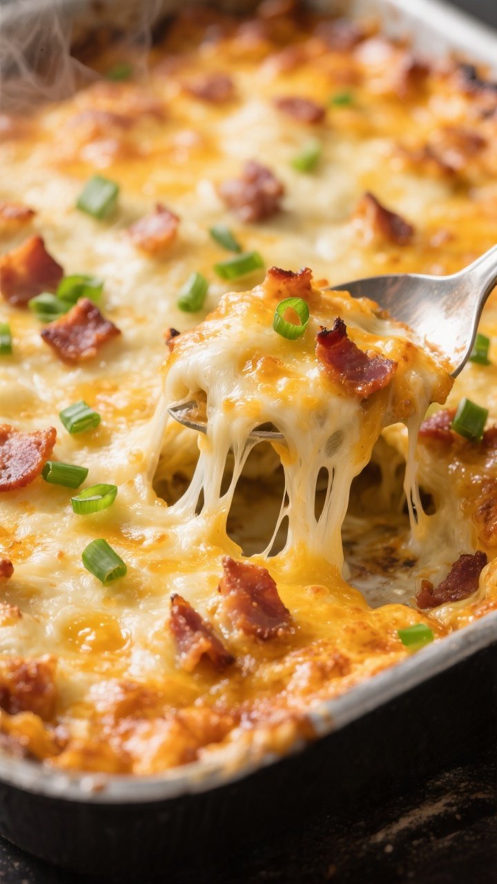 Close-up detail: Ultra close-up of the baked casserole right out of the oven—golden, bubbly cheese