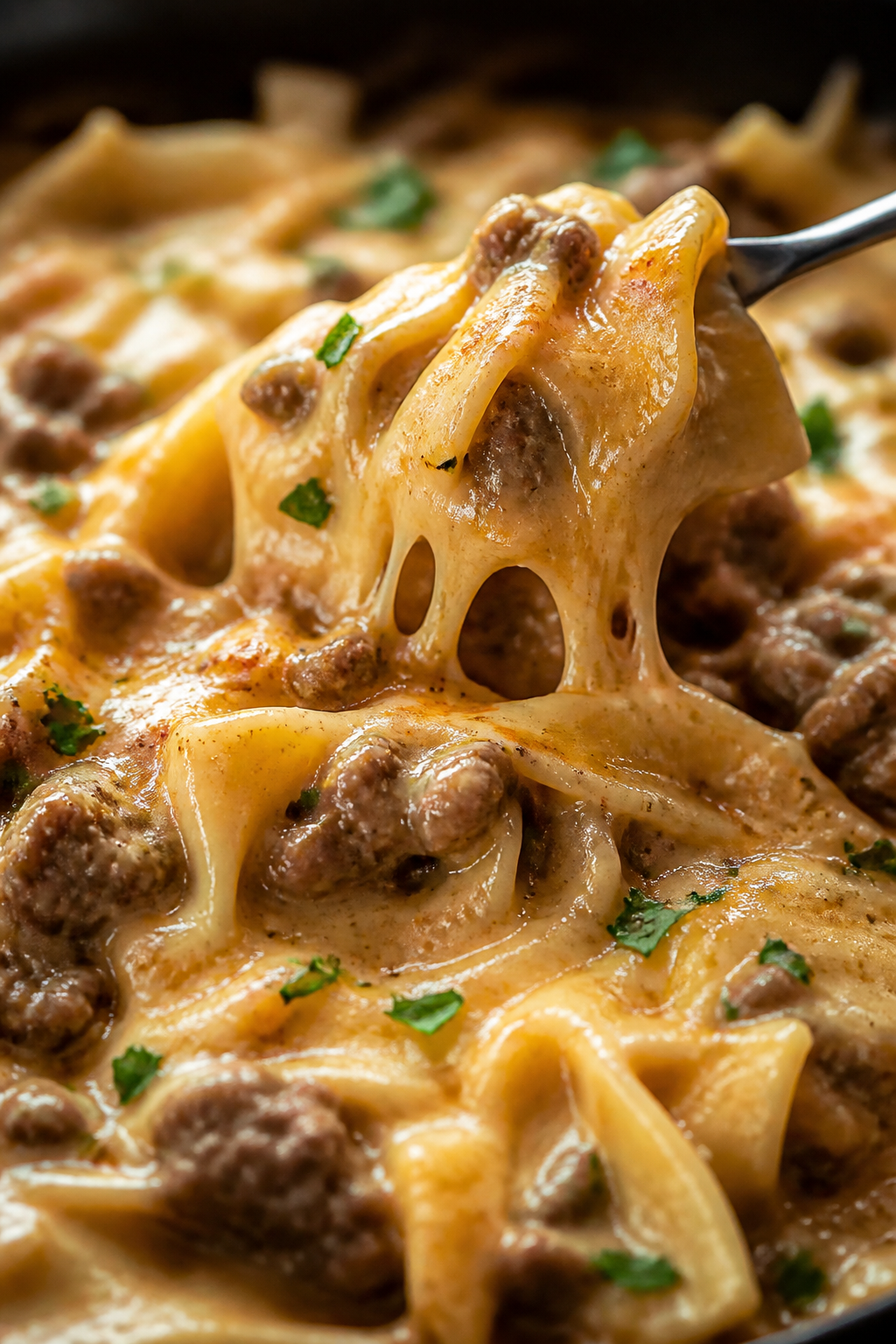 Close-up detail, ultra-: Extreme close-up of the finished creamy beef-and-cabbage, showing luscious,