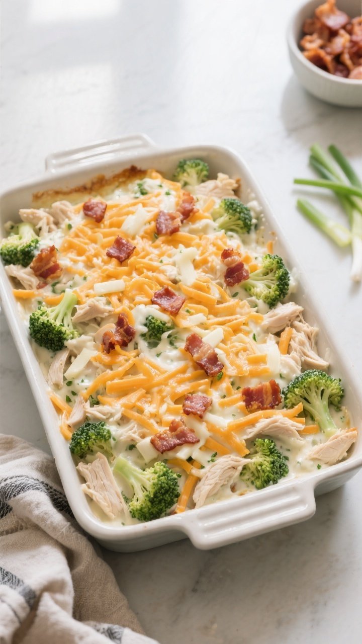 Cooking process: A 9x13 baking dish filled with the assembled keto chicken bacon ranch casserole jus