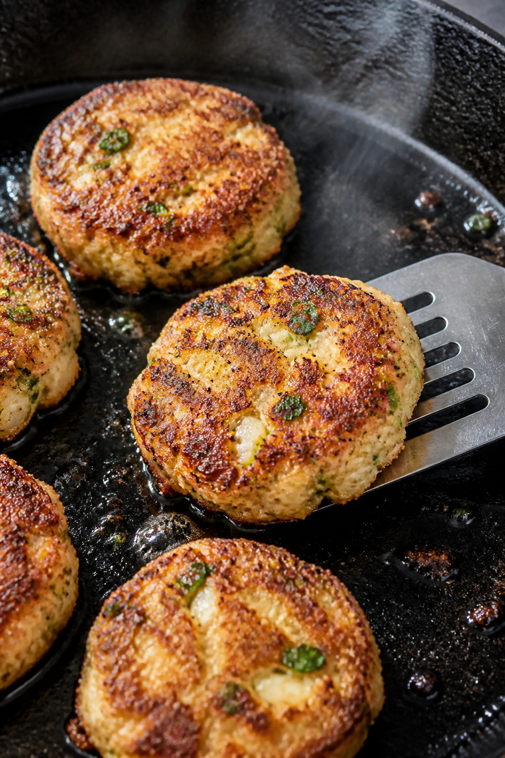 Cooking process action: Mid-sear shot of multiple patties in a well-seasoned cast-iron skillet, show