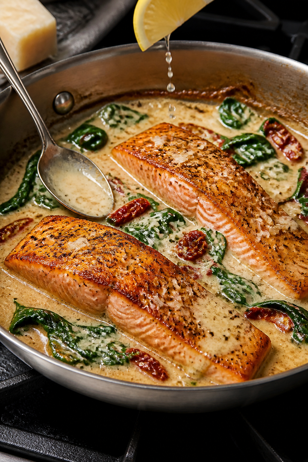 Cooking process action: Salmon fillets just returned to a wide skillet, being spoon-basted with thic