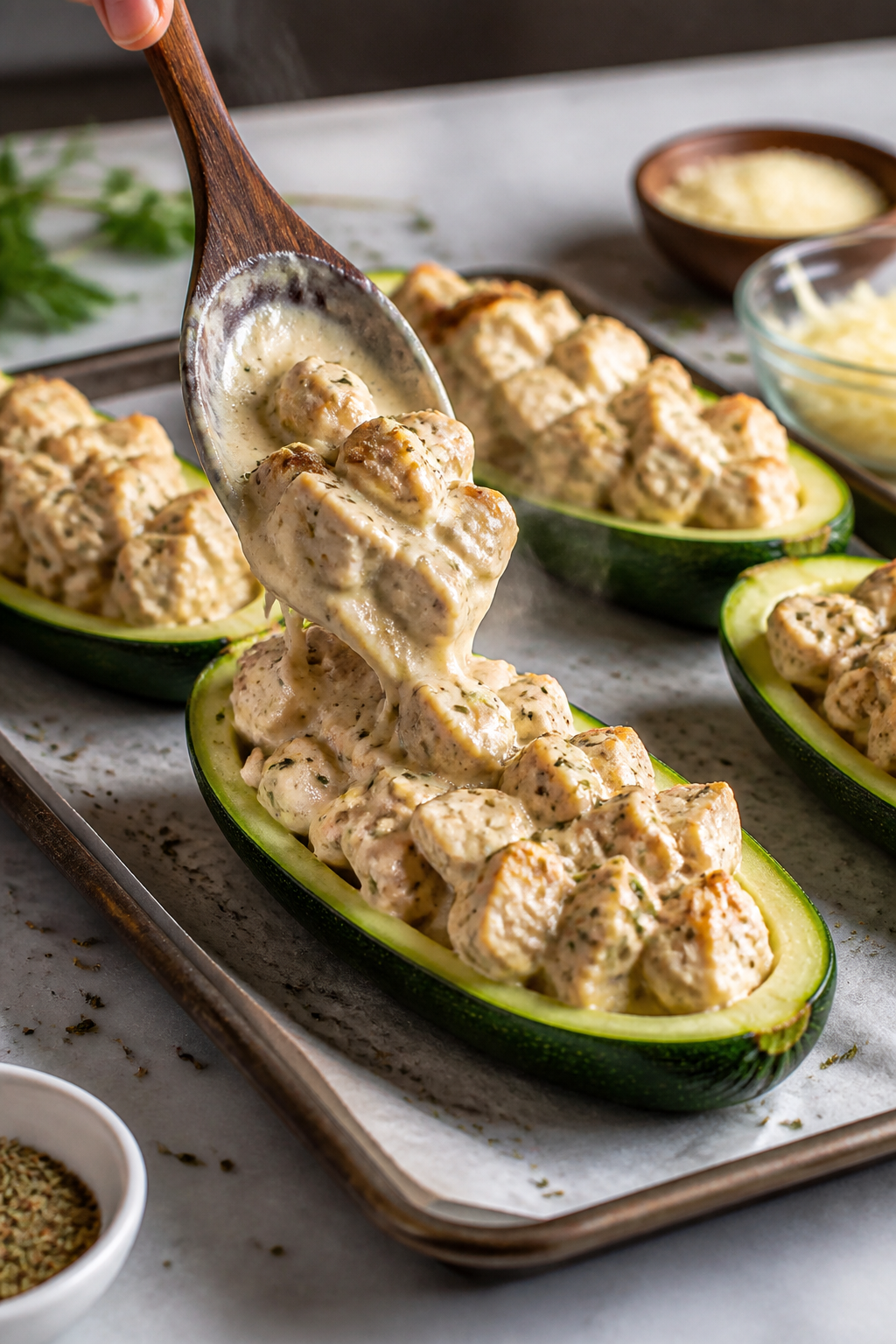 Cooking process: Alfredo-coated chicken being spooned into pre-baked zucchini bowls on a parchment-l