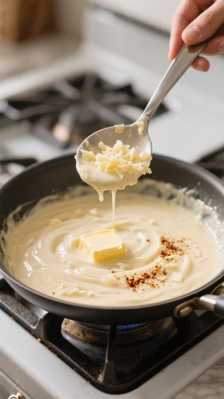 Cooking process: Alfredo sauce being emulsified in the pan—Parmesan melting into cream and butter 