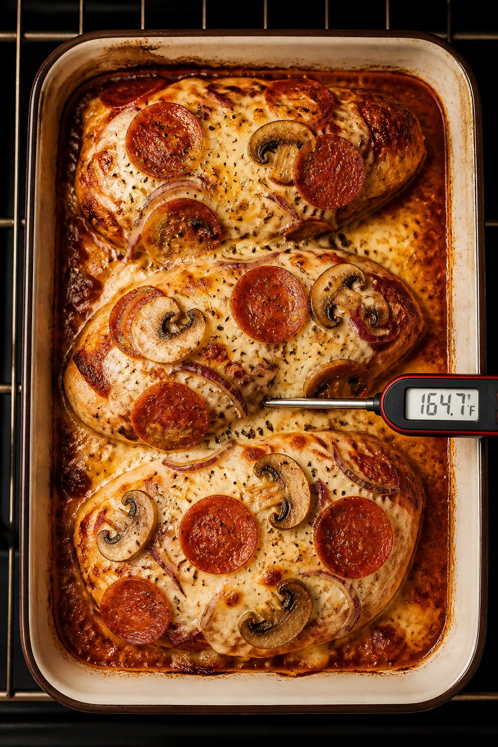 Cooking process beauty: Overhead, mid-bake scene of a 9x13 baking dish in the oven with seasoned chi