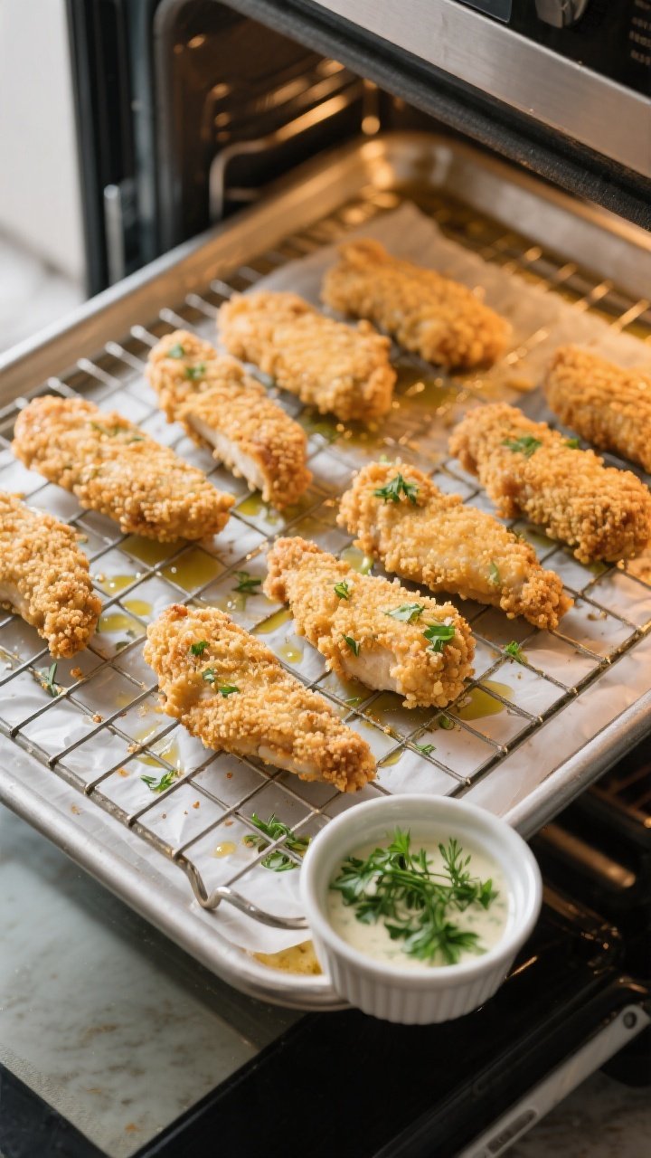 Cooking process: Breaded ranch chicken tenders arranged on a wire rack set over a parchment-lined sh