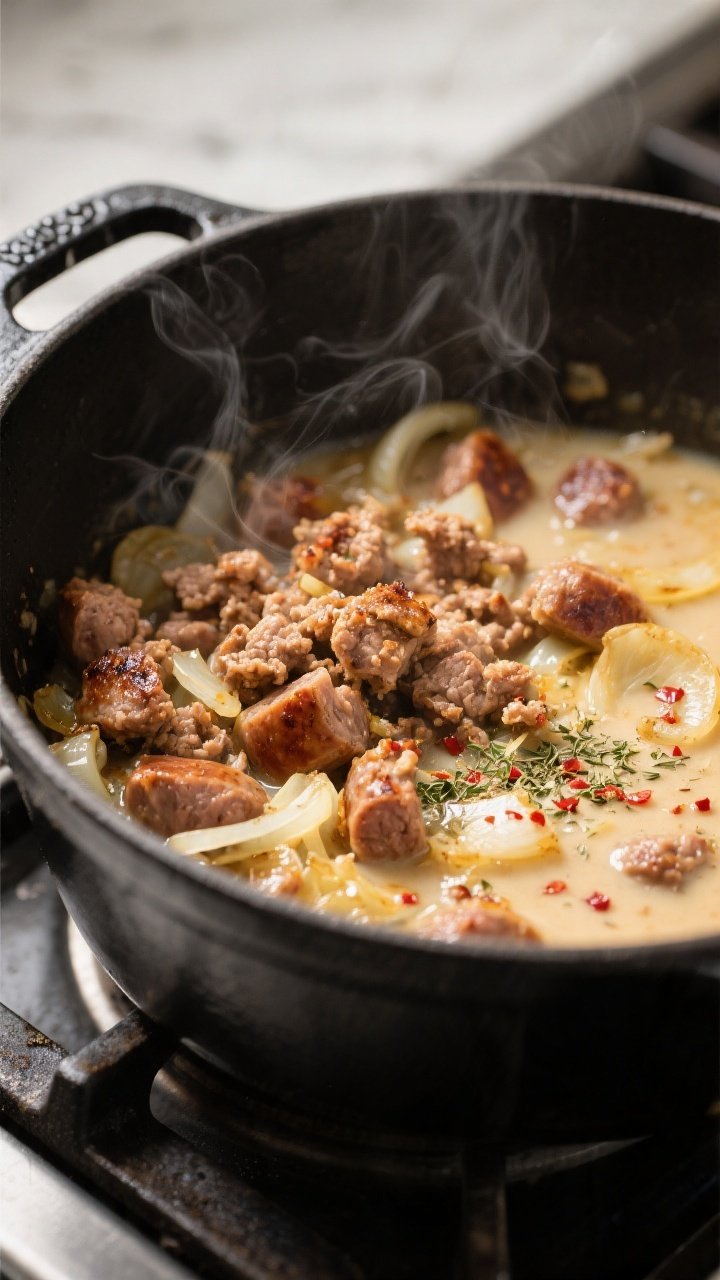 Cooking process — Browning Italian sausage for Easy Creamy Sausage Soup in a matte black Dutch ove