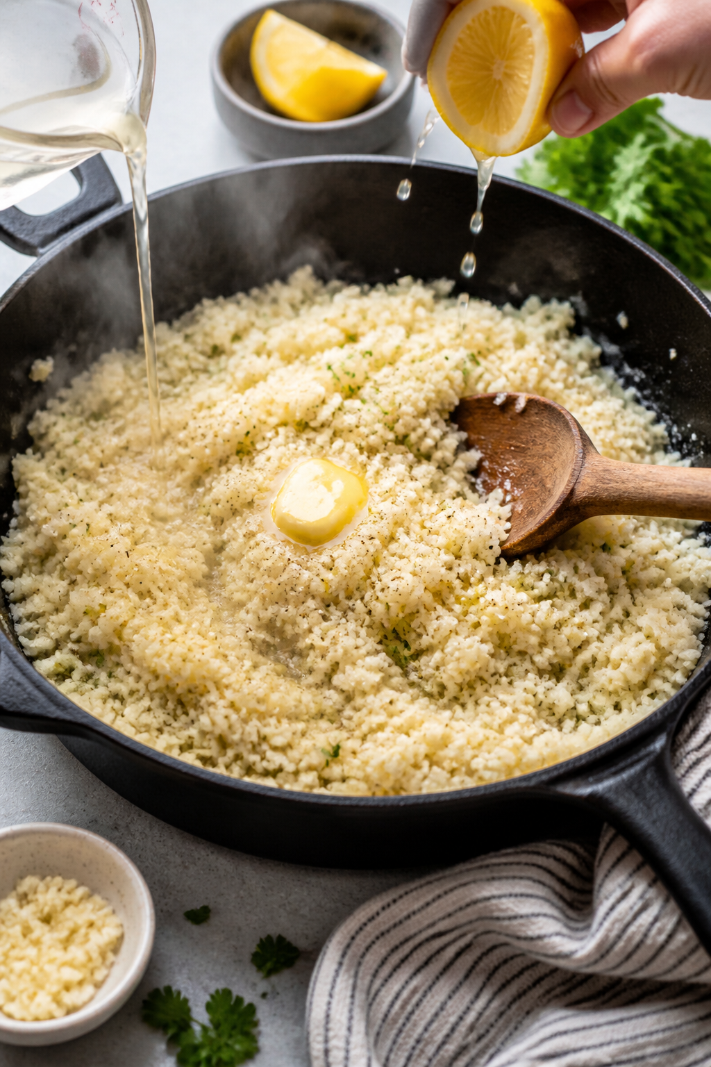 Cooking process: Cauliflower rice sizzling in a skillet with a pat of melting butter/ghee and a spla