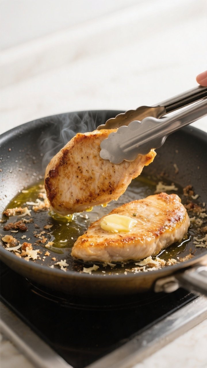 Cooking process: Chicken cutlets sizzling in a large skillet during the flip, one cutlet mid-turn wi