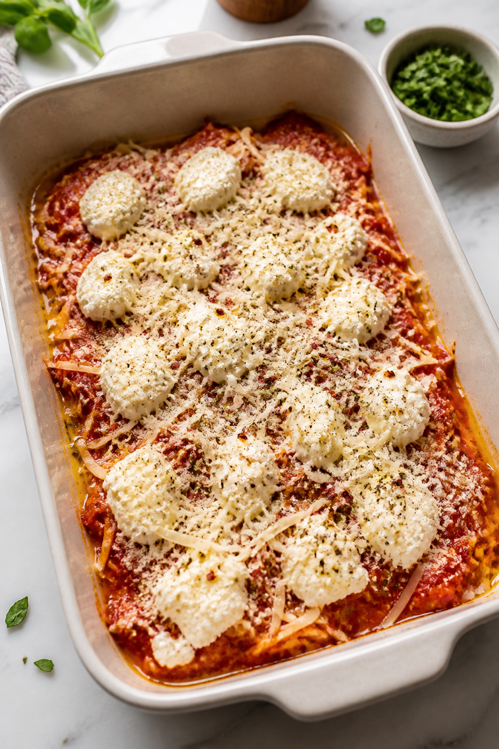 Cooking process close-up: A 9x13-inch baking dish mid-assembly for Keto Chicken Parmesan Casserole, 