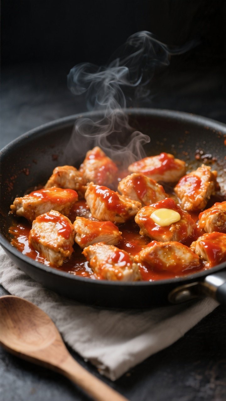 Cooking process, close-up: Bite-size chicken pieces sizzling in a large skillet, coated in glossy Bu