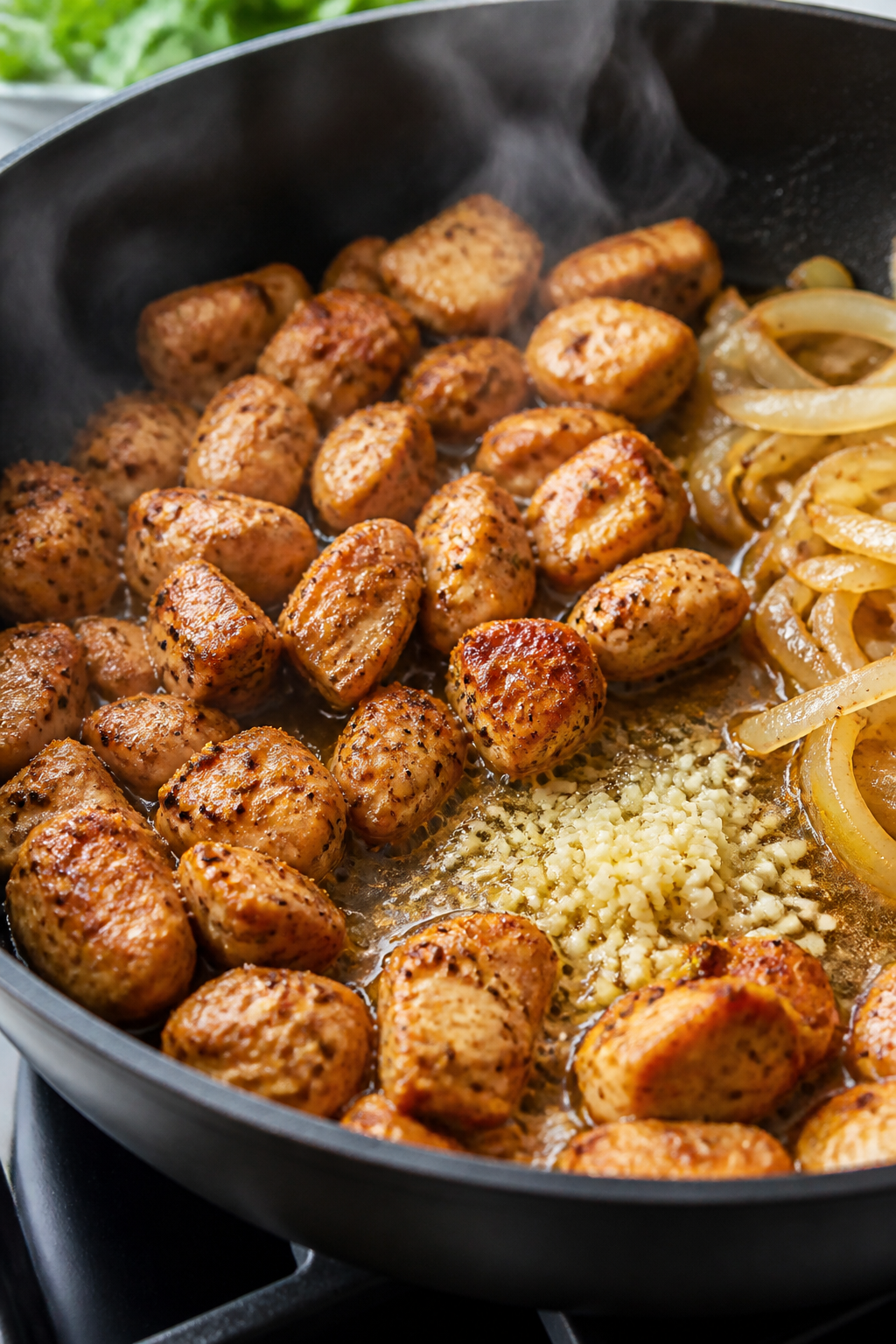 Cooking process, close-up: Bite-size chicken pieces sizzling in a large skillet, lightly browned and