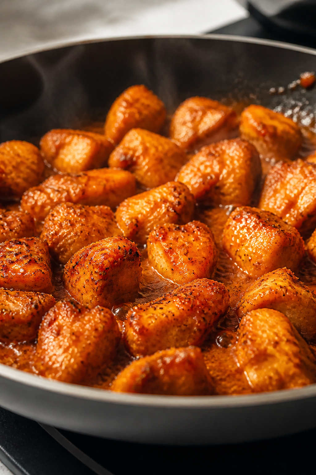 Cooking process close-up: Bite-size chicken pieces searing in a wide skillet, golden-browned edges w