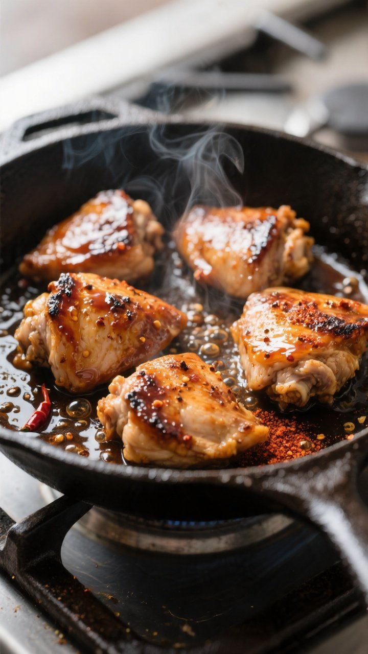 Cooking process close-up: Bite-size chicken thighs searing in a cast-iron skillet, edges caramelized