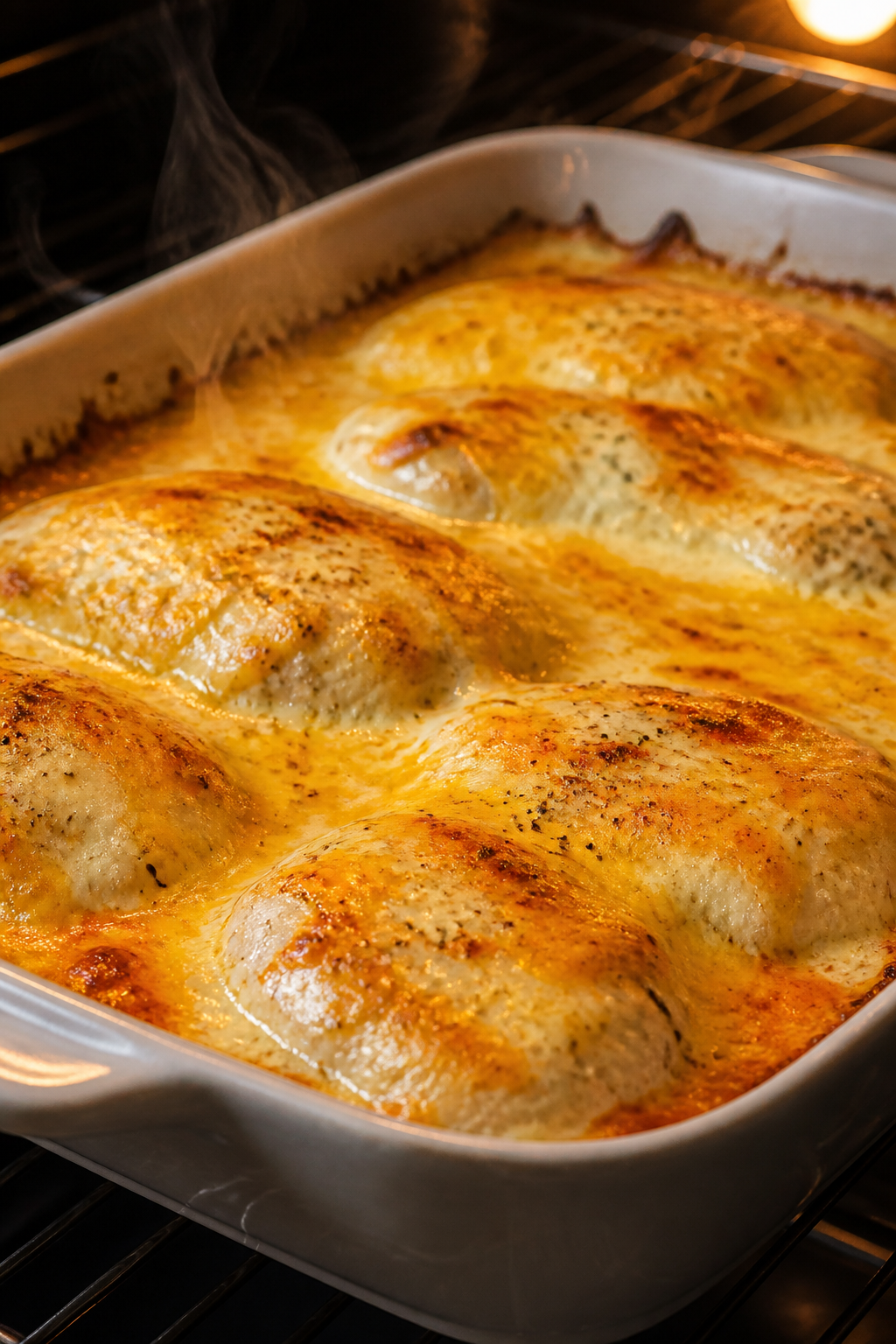 Cooking process, close-up: Broil-level detail of Keto Ranch Bacon Chicken Bake mid-bake in a 9x13 ce
