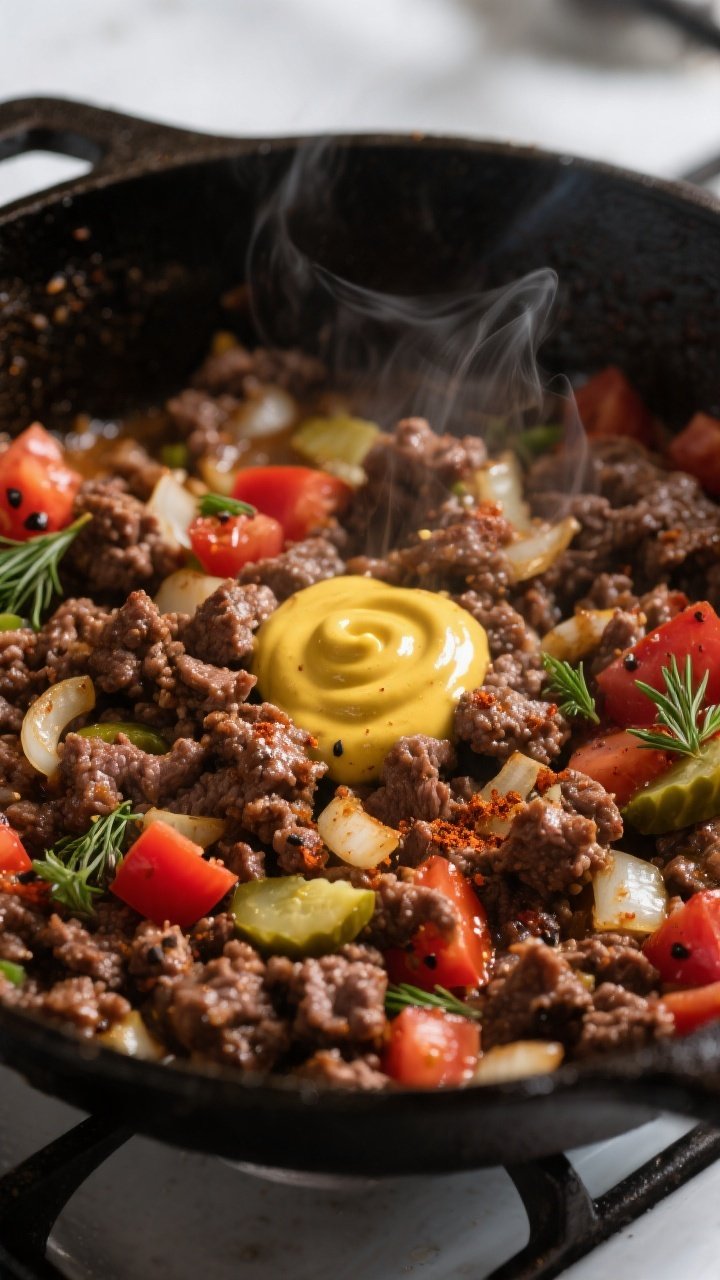 Cooking process close-up: Browned ground beef and softened onions in a skillet, glistening and well-