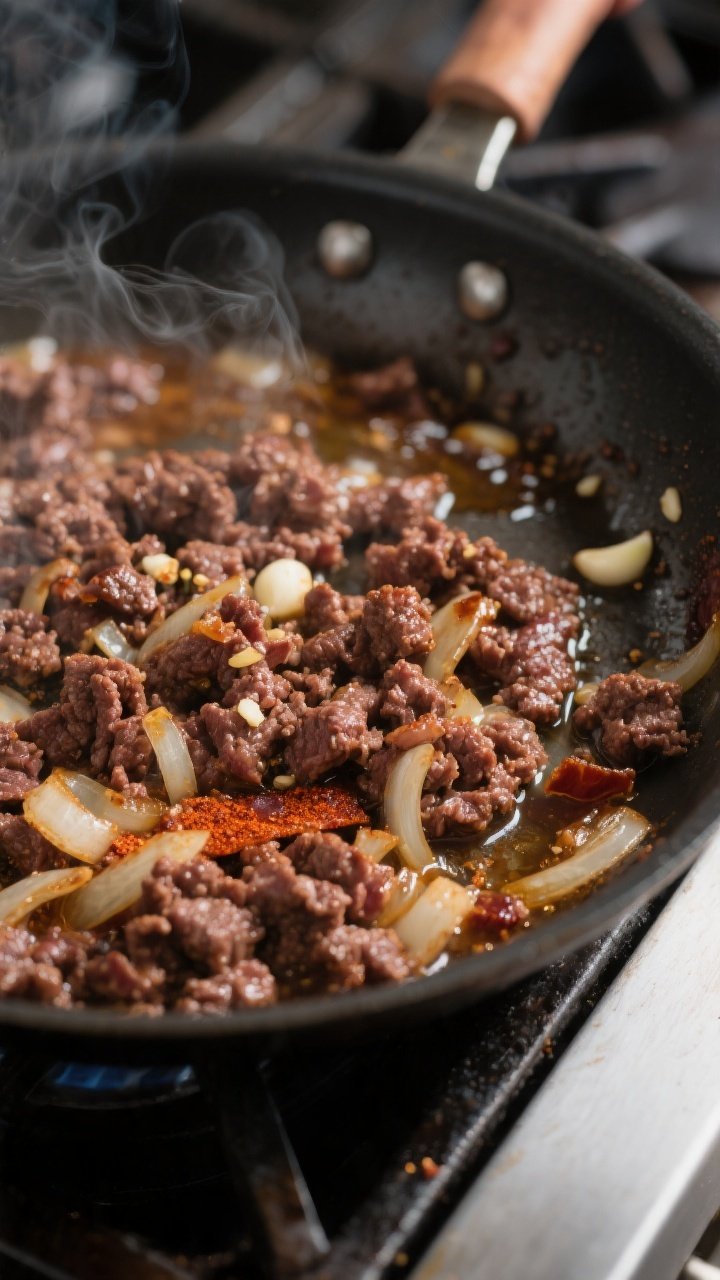 Cooking process close-up: Browned ground beef sizzling in reserved bacon fat with translucent onions