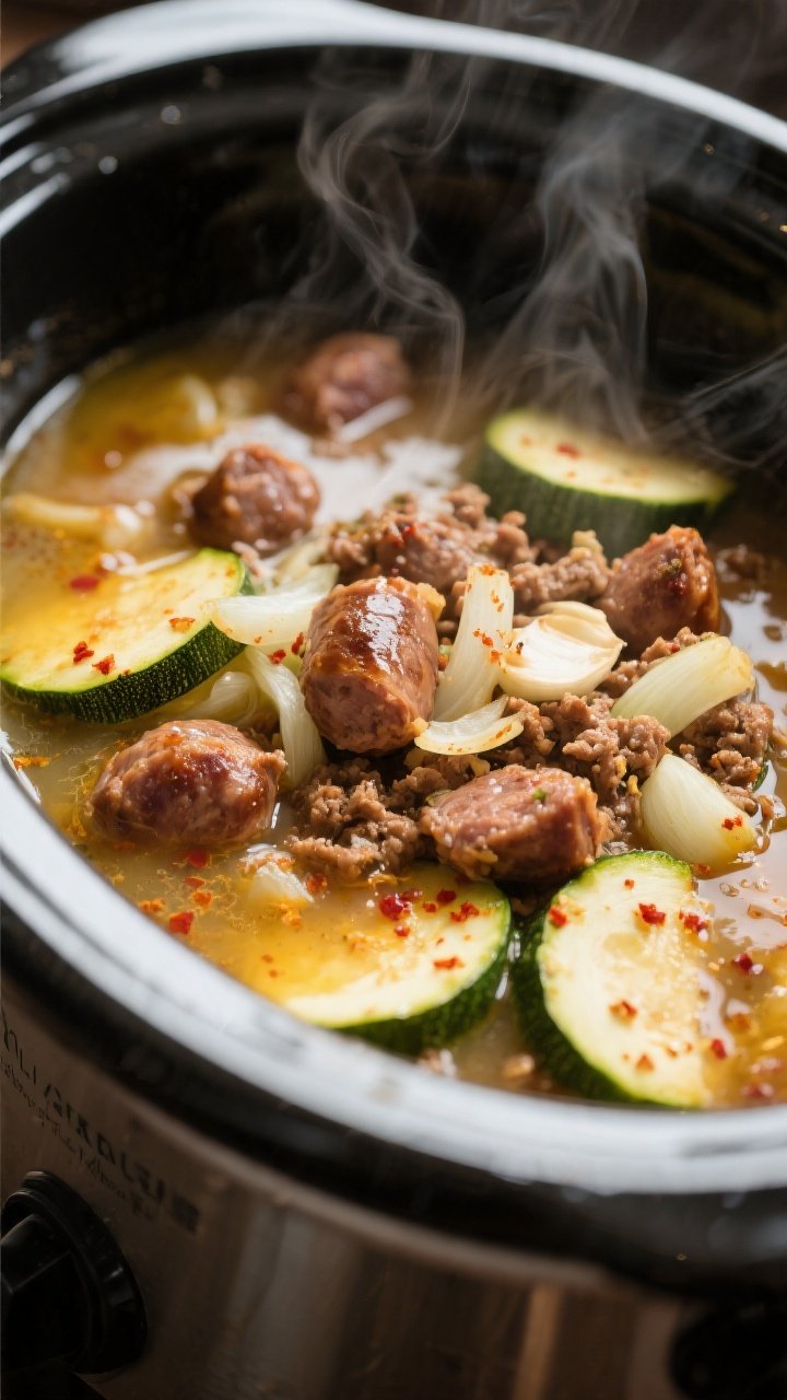 Cooking process close-up: Browned Italian sausage crumbles with sautéed onions and garlic simmering