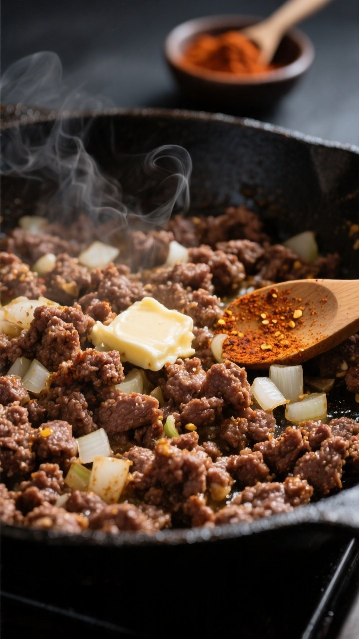 Cooking process close-up: Browning ground beef in a cast-iron skillet until caramelized with crispy 