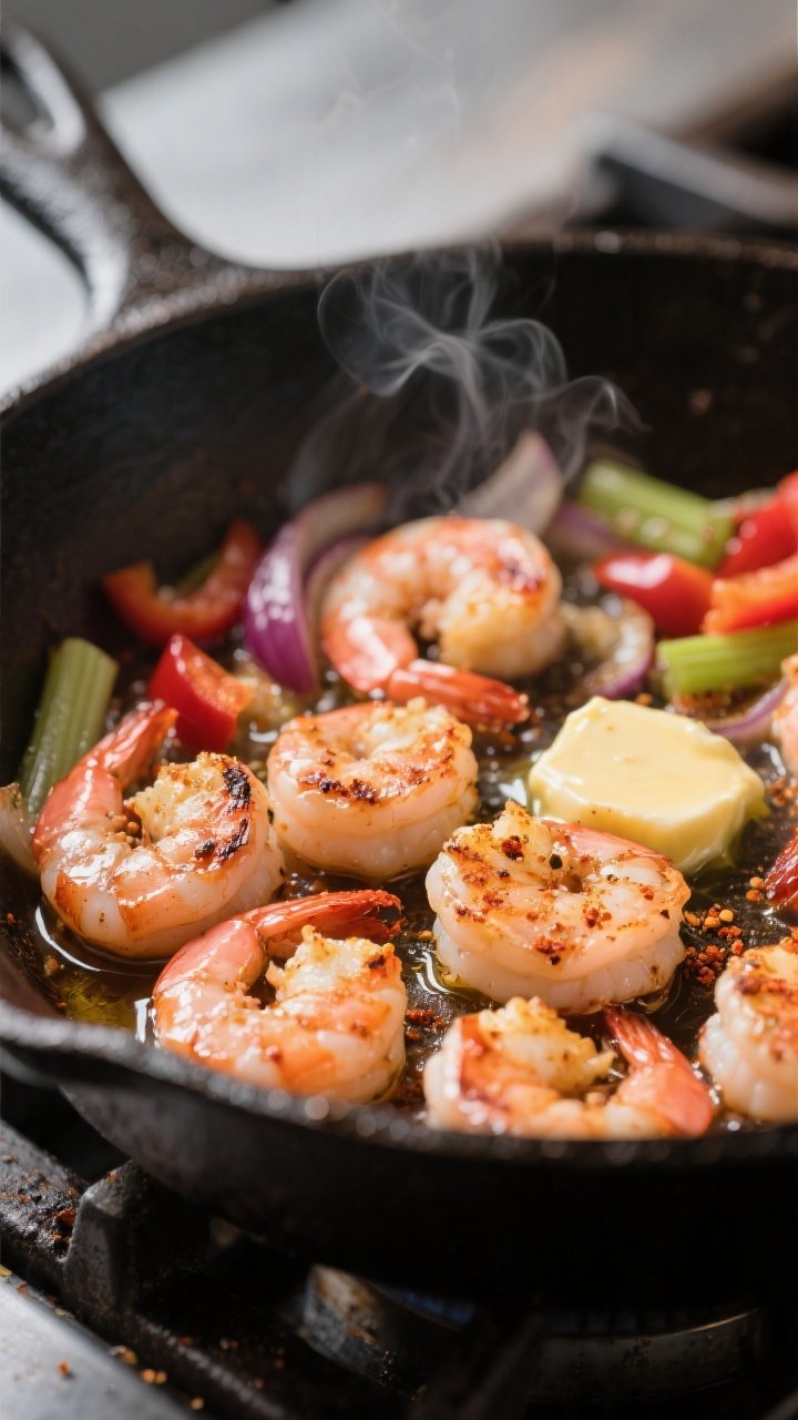 Cooking process, close-up: Cajun-seared shrimp sizzling in a hot cast-iron skillet, shrimp just turn