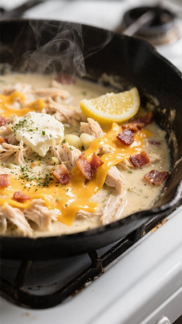 Cooking process close-up: Creamy crack chicken coming together in a skillet—melted cream cheese lo